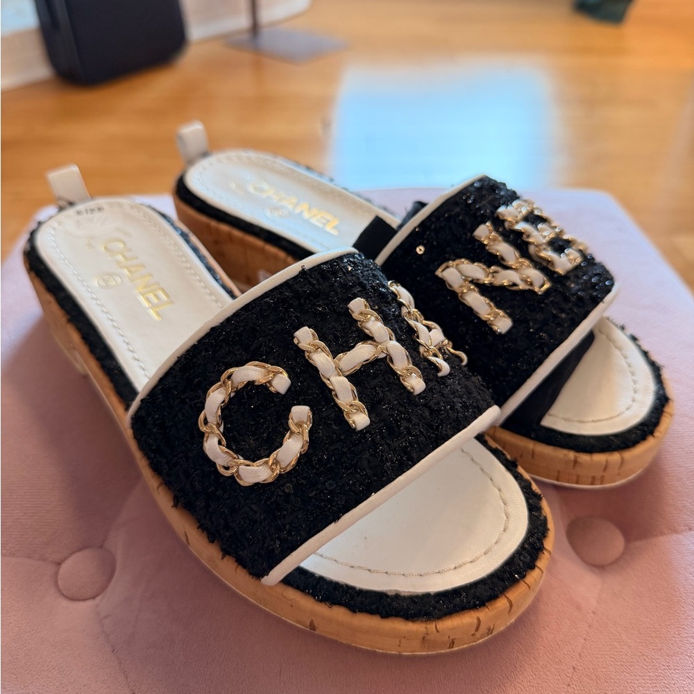 Chanel Tweed Slides